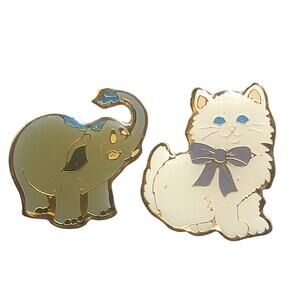 Lot 2  Vintage Elephant Cat SWIB Taiwan Enamel Pins Cartoon Animal Trunk Kitty